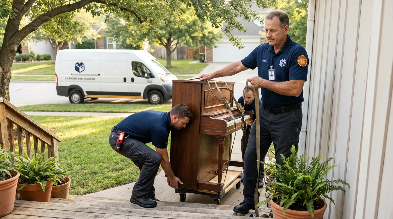 Licensed piano movers securing grand piano in Shenandoah, IA