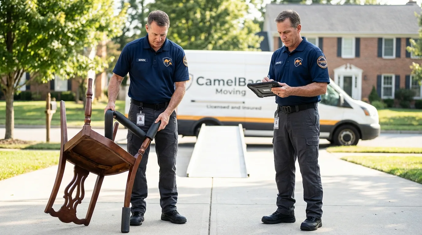Movers inspecting furniture for damage prevention before loading in Shenandoah, IA