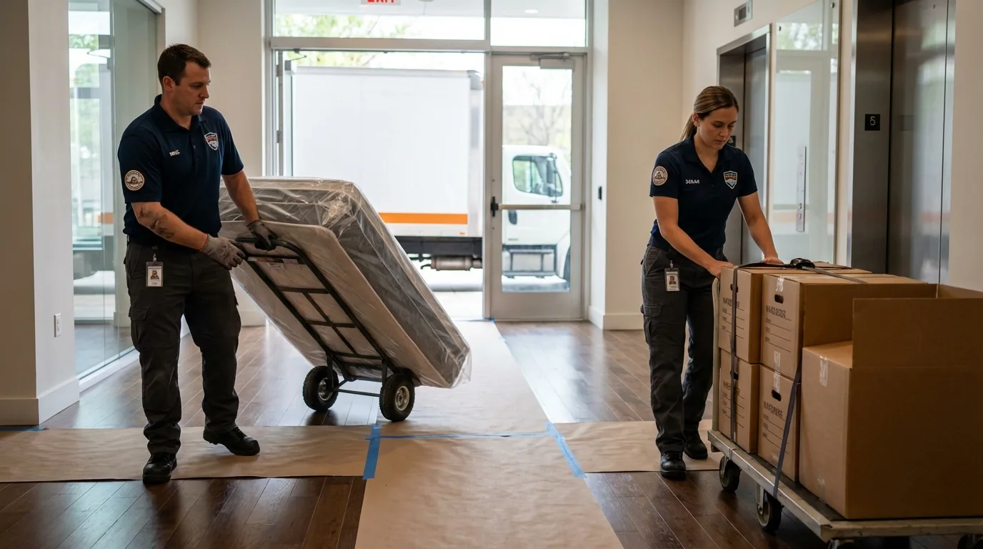 Professional apartment movers loading elevator in Shenandoah, IA